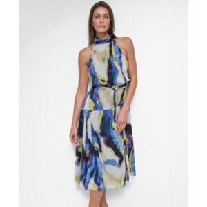DKNY Womens Sleeveless Halter Chiffon Crinkle Midi Belt Dress Vertical Wave NWT